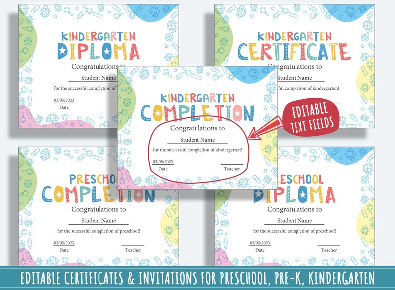 Kindergarten Certificates Completion Diploma and Invitations, Editable ...