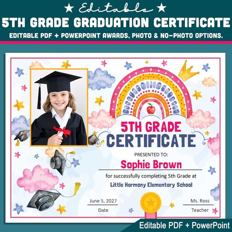 5th Grade Completion Certificate, Editable Graduation Awards for ...