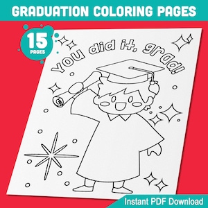 Dibujos para colorear de graduación: divertida actividad de fin de curso para niños con frases, celebración del último día de clases, 15 páginas, descarga instantánea en PDF
