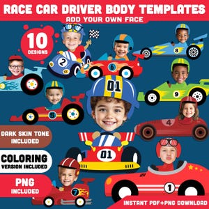 May include: A collection of ten colorful race car driver body templates with various designs. Each template features a different car design and includes a space to add a face. The image also includes a coloring version and PNG files.