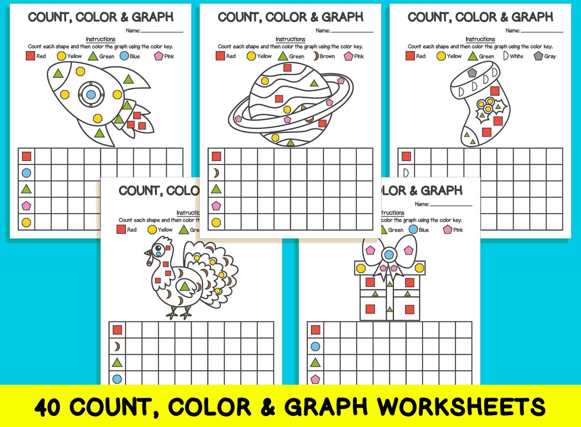 40 Count Color & Graph Worksheets Count and Graph Shapes - Etsy