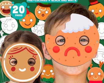 Printable Gingerbread Man Mask Templates, Cute Holiday Designs, Pre-Colored + Black and White, Perfect for Christmas Party or Classroom Fun.