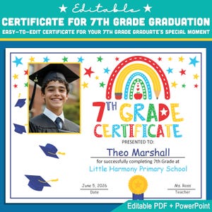 Modello di certificato di 7a elementare modificabile con foto: PDF e PowerPoint personalizzabili per la laurea, il riconoscimento di traguardi e premi speciali