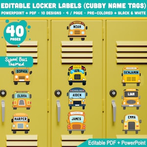 Editable Locker Labels (Cubby Name Tags), School Bus Themed, PDF + PowerPoint, Pre-Colored + Black & White, Back to School Printable Set