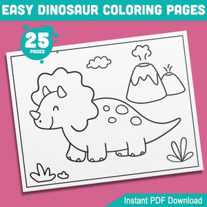 Dinosaur Coloring Pages: 25 Easy Dinosaur Designs for Kindergarten and Preschool Kids, Fun Activity Book for Young Paleontologists, PDF File