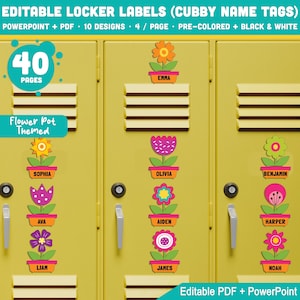 Editable Locker Labels (Cubby Name Tags), Flower Pot Themed, PDF + PowerPoint, Pre-Colored + Black & White, Back to School Printable Set