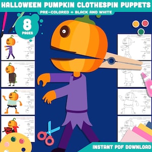May include: A Halloween-themed illustration featuring a pumpkin-headed puppet attached to a wooden clothespin. The puppet is depicted in a purple outfit with orange hands. The image includes the text "HALLOWEEN PUMPKIN CLOTHESPIN PUPPETS" and "INSTANT PDF DOWNLOAD".