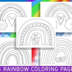May include: A set of 25 printable rainbow coloring pages featuring different designs, including a heart, a cloud, a butterfly, and the text "My Sweet Love".
