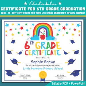 Plantilla de certificado editable de sexto grado: PDF y PowerPoint personalizables para graduación, reconocimiento de logros, premios especiales, tamaño carta