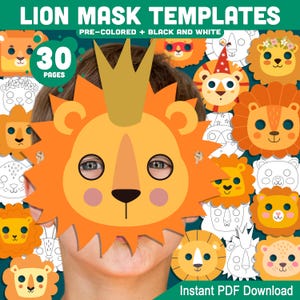Printable Lion Mask Templates – Fun DIY Birthday Party Face Masks for Kids, Pre-Colored + Black-and-White, Great for Costumes and Play.