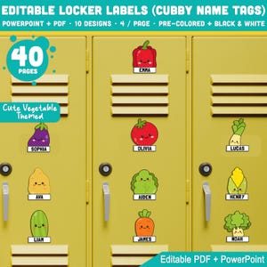 Editable Locker Labels (Cubby Name Tags), Cute Vegetable Themed, 10 Designs, PDF + PowerPoint, Pre-Colored + Black & White, Instant Download