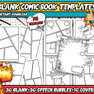 70 Comic Strip Templates, Create Your Own Comic Book, Includes: 30 Blank Templates, 30 Pages of Speech Bubbles, and 10 Covers, PDF Files.