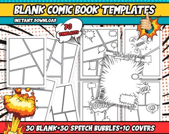 70 Comic Strip Templates, Create Your Own Comic Book, Includes: 30 Blank Templates, 30 Pages of Speech Bubbles, and 10 Covers, PDF Files.