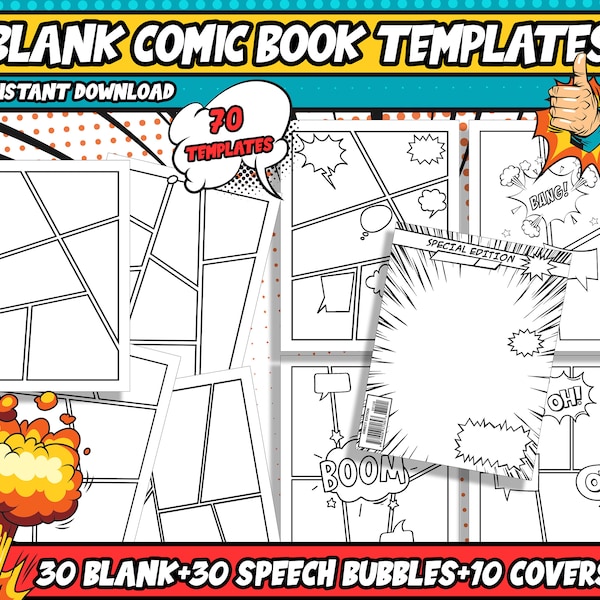 70 Comic Strip Templates, Create Your Own Comic Book, Includes: 30 Blank Templates, 30 Pages of Speech Bubbles, and 10 Covers, PDF Files.