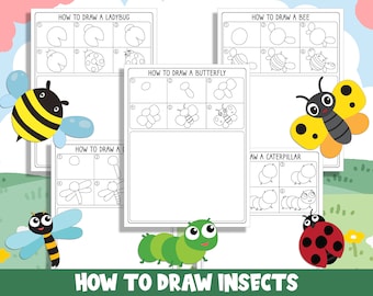 Learn How to Draw Insects (Butterfly, Bee, Ladybug, Dragonfly, Caterpillar), Directed Drawing Step by Step Tutorial + 5 Coloring Pages