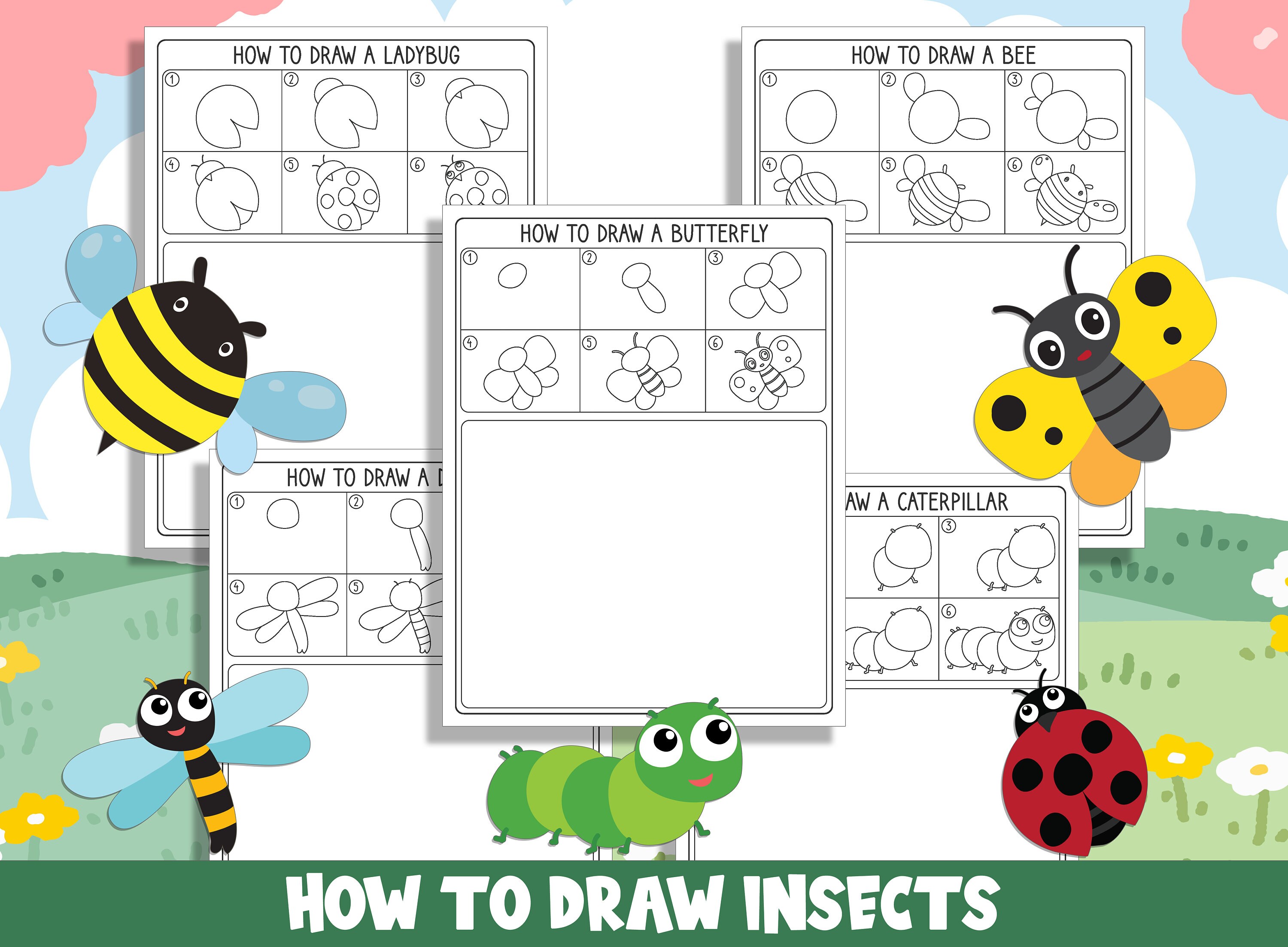 Tutorial Insects Learn How to Draw Insects (butterfly, Bee, Ladybug, Dragonfly ...