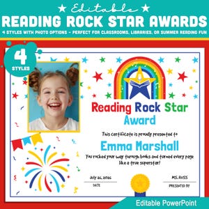 Prêmios de leitura editáveis Rock Star – 4 estilos com opções de fotos – perfeitos para salas de aula, bibliotecas ou diversão com leitura de verão, download instantâneo
