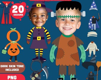 Spooky Halloween Body Clipart Set – Add Your Face to 20 Customizable Characters! Light + Dark Skin Tones, PDF + PNG Instant Download