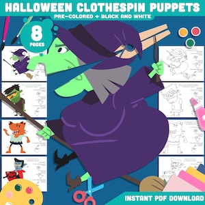 May include: A digital Halloween-themed craft featuring clothespin puppets. The image displays a witch puppet illustration, along with other characters. Text includes "HALLOWEEN CLOTHESPIN PUPPETS" and "PRE-COLORED + BLACK AND WHITE". The image also shows "8 PAGES" and "INSTANT PDF DOWNLOAD".