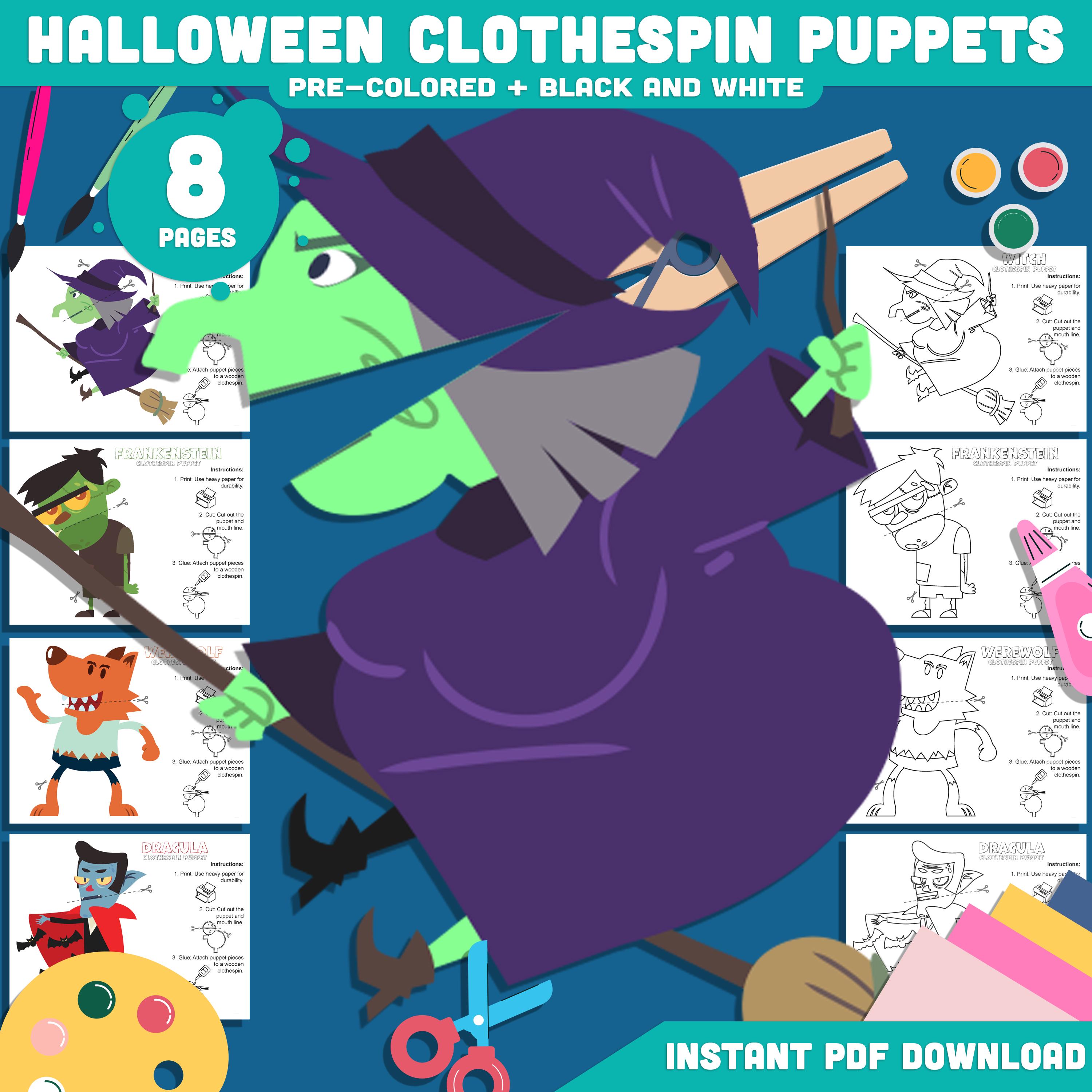 Halloween Clothespin Puppets, 8 Page Printable Craft with 4 Designs,…