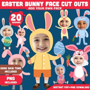 Printable Easter Bunny Face Cut Out Templates, Fun DIY Photo Craft, Add Your Own Face, Spring Activity, Light + Dark Skin Tone, PDF + PNG