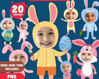 Printable Easter Bunny Face Cut Out Templates, Fun DIY Photo Craft, Add Your Own Face, Spring Activity, Light + Dark Skin Tone, PDF + PNG