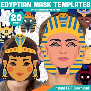 Egyptian Mask Templates: 20 Printable Pages of Pharaoh, Anubis, Cleopatra and More, Pre-Colored + Black & White Craft, Instant PDF Download