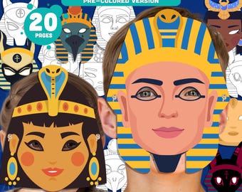 Egyptian Mask Templates: 20 Printable Pages of Pharaoh, Anubis, Cleopatra and More, Pre-Colored + Black & White Craft, Instant PDF Download