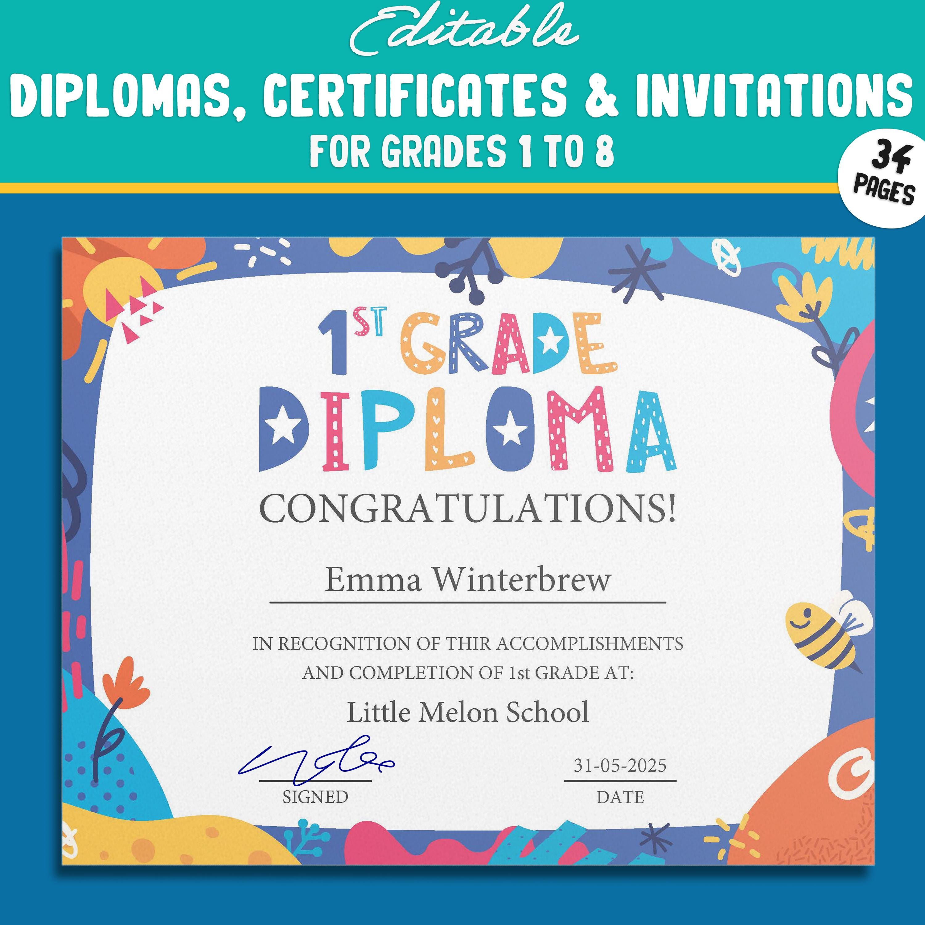 Editable First Grade Certificate, 1st to 8th Grade Diploma, Certificate of Completion & Invitation, PDF File, Instant Download