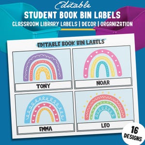 Editable Boho Rainbow Book Bin Labels: 16 Customizable Designs for Perfect Classroom Decor