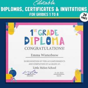 Bearbeitbares Diplom für Erstklässler, Graduierungszertifikate der 1. bis 8. Klasse & Einladungsvorlagen in einem flachen modernen Thema - PDF Instant Download