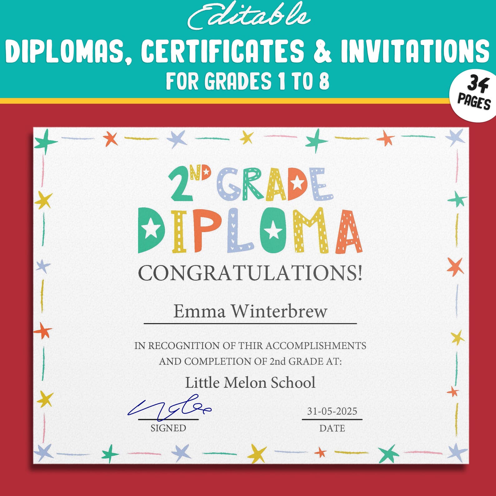 Editable 2nd Grade Awards, 1st to 8th Grade Diploma, Certificate of