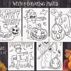 K&ouml;nnte beinhalten: Schwarz-Wei&szlig;-Malvorlagen zum Thema Halloween. Die Seiten zeigen gruselige Illustrationen eines Hexenhuts, K&uuml;rbissen, Geistern, Zombies und des Sensenmanns. Der Text "SCARY NIGHT" und "HALLOWEEN" ist sichtbar. Die Gr&ouml;&szlig;e betr&auml;gt 21,6 cm x 27,9 cm.