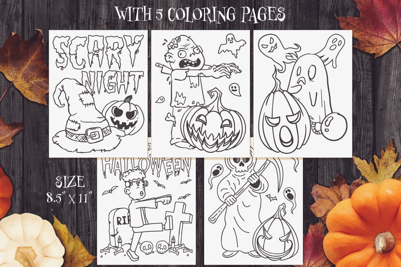 K&ouml;nnte beinhalten: Schwarz-Wei&szlig;-Malvorlagen zum Thema Halloween. Die Seiten zeigen gruselige Illustrationen eines Hexenhuts, K&uuml;rbissen, Geistern, Zombies und des Sensenmanns. Der Text "SCARY NIGHT" und "HALLOWEEN" ist sichtbar. Die Gr&ouml;&szlig;e betr&auml;gt 21,6 cm x 27,9 cm.