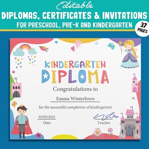 Bearbeitbare Kindergarten, Pre-K, und Vorschul-Abschluss-Einladungen, Diplome und Zertifikatsvorlagen - Sofortiger PDF-Download!