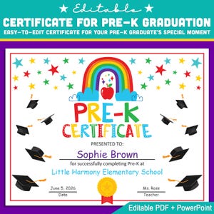 Plantilla de certificado preescolar editable: PDF y PowerPoint en tamaño carta personalizables, ideal para ceremonias de graduación y fin de año, descarga instantánea