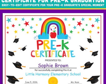 Editable Pre-K Certificate Template: Customizable Letter Size PDF+PowerPoint, Ideal for Graduation, End of Year Ceremonies, Instant Download