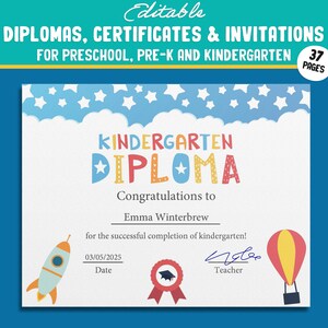 編集可能な幼稚園卒業証書、修了証明書、37 ページ、PDF ファイル、即時ダウンロード