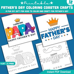 Puede incluir: Imprimibles de manualidades de posavasos para colorear del Día del Padre. Cuatro diseños presentan las palabras "Te amo Papa", "Feliz Día del Padre", "Te amo Papa" y "Feliz Día del Padre". Cada diseño mide 4,25 pulgadas y está diseñado para imprimirse en dos páginas.