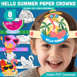 Druckbare Hallo Sommer Papierkronen für Kinder - lustiges Strandhut-Design, 4 Stirnband-Designs, schwarz & weiß + vorgefärbt, 8 Seiten PDF-Download