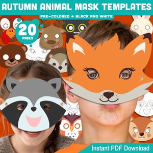 Könnte beinhalten: Herbstliche Tiermasken-Vorlagen, darunter ein Fuchs, ein Waschbär und eine Eule. Die Masken sind vorgefärbt und schwarz-weiß, mit 20 Seiten. Das Bild zeigt Kinder, die die Masken tragen.
