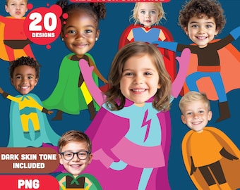 Kid Superhero Body Clipart Templates – DIY Craft! Add Your Face to 20 Exciting Hero Designs, Light + Dark Skin, PDF + PNG, Instant Download