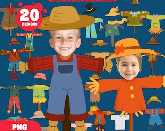 Printable Scarecrow Body Templates, 20 Halloween Designs, Fun Add-Your-Own-Face Fall Craft for School, Homes & Party Projects, PDF + PNG