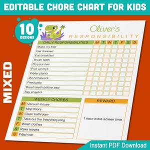 Editable 10-Page Chore Chart for 8-Year-Olds, Themes: Space, Dinosaur, Robot, Mermaid, Princess, Elephant, Unicorn, Whale Bulldozer Airplane