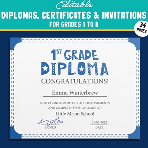 Druckbare Diplome, Zertifikate und Einladungen der 1. Klasse in einem einfachen und modernen blauen Design - PDF Sofort-Download