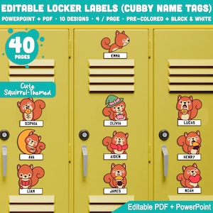 Editable Locker Labels (Cubby Name Tags), Cute Squirrel-Themed, Pre-Colored + Black & White, PDF + PowerPoint, Fun Classroom Organization