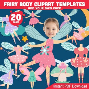 Modèles de clipart corps de fée : ajoutez votre photo de visage, 20 découpes imprimables magiques pour les créations fantastiques des enfants, déguisements fantaisistes amusants.