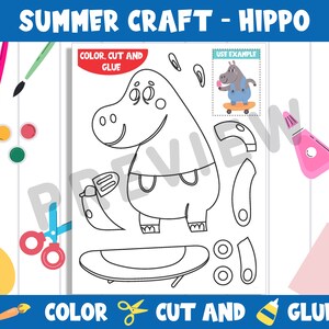 Summer Craft Activity: Hippo - Color, Cut, and Glue for Prek to 2nd ...