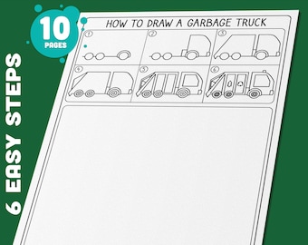 Impara a disegnare un camion della spazzatura per bambini: tutorial di disegno passo dopo passo di 5 pagine con 5 divertenti pagine da colorare, apprendimento creativo, download PDF