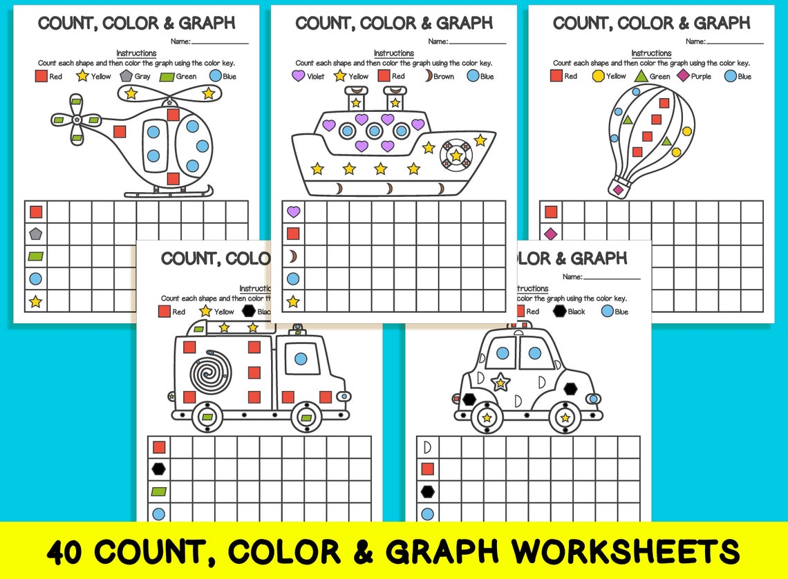 40 Count Color & Graph Worksheets Count and Graph Shapes | Etsy